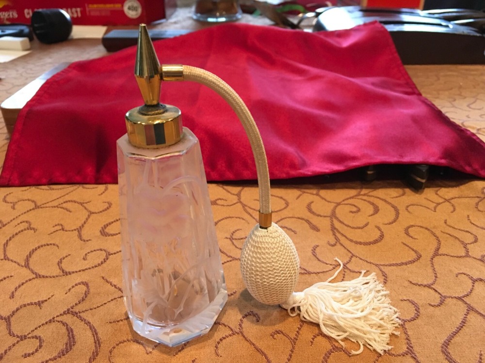 Antique Intaglio Flower Crystal Atomizer Perfume Bottle