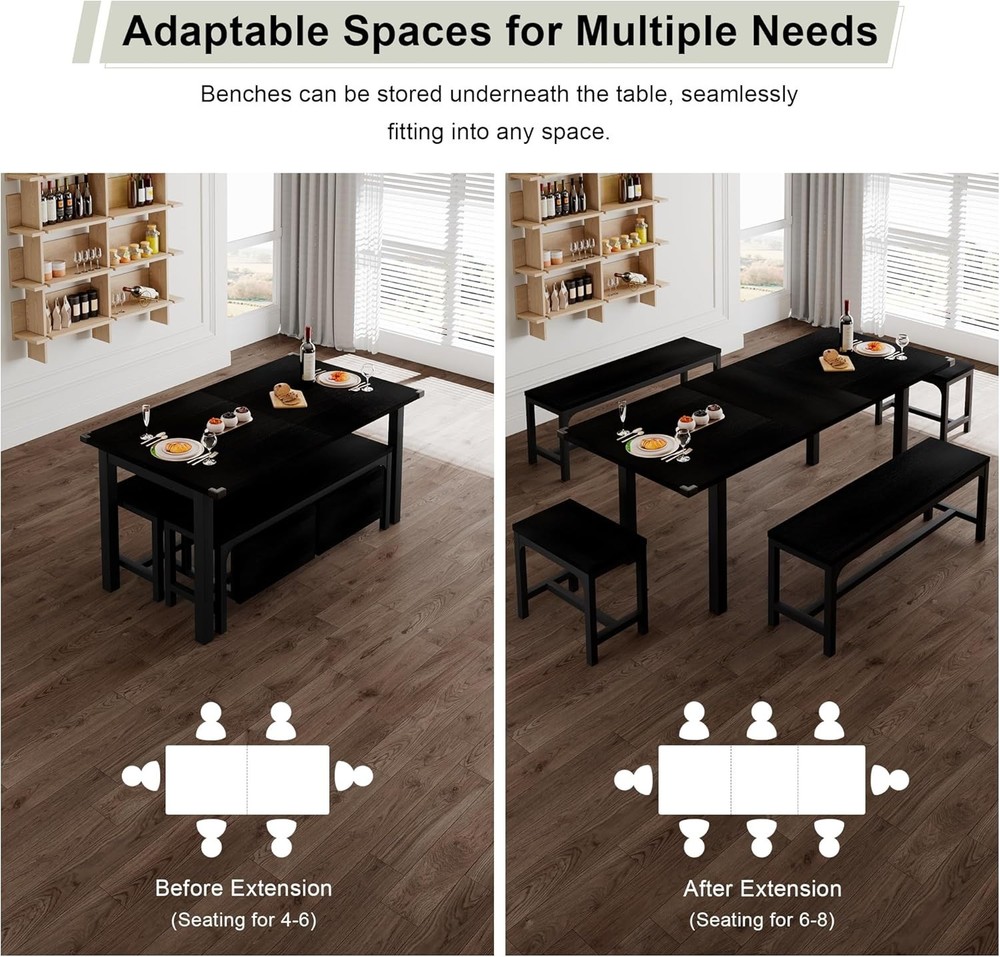 Dining Table Set for 4-8 People Extendable Kitchen Table with Benches Stools