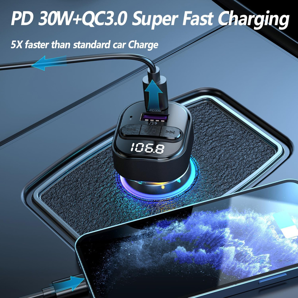 Bluetooth 5.3 FM Transmitter for Car, Bluetooth Car Adapter with Type-C PD(30W)