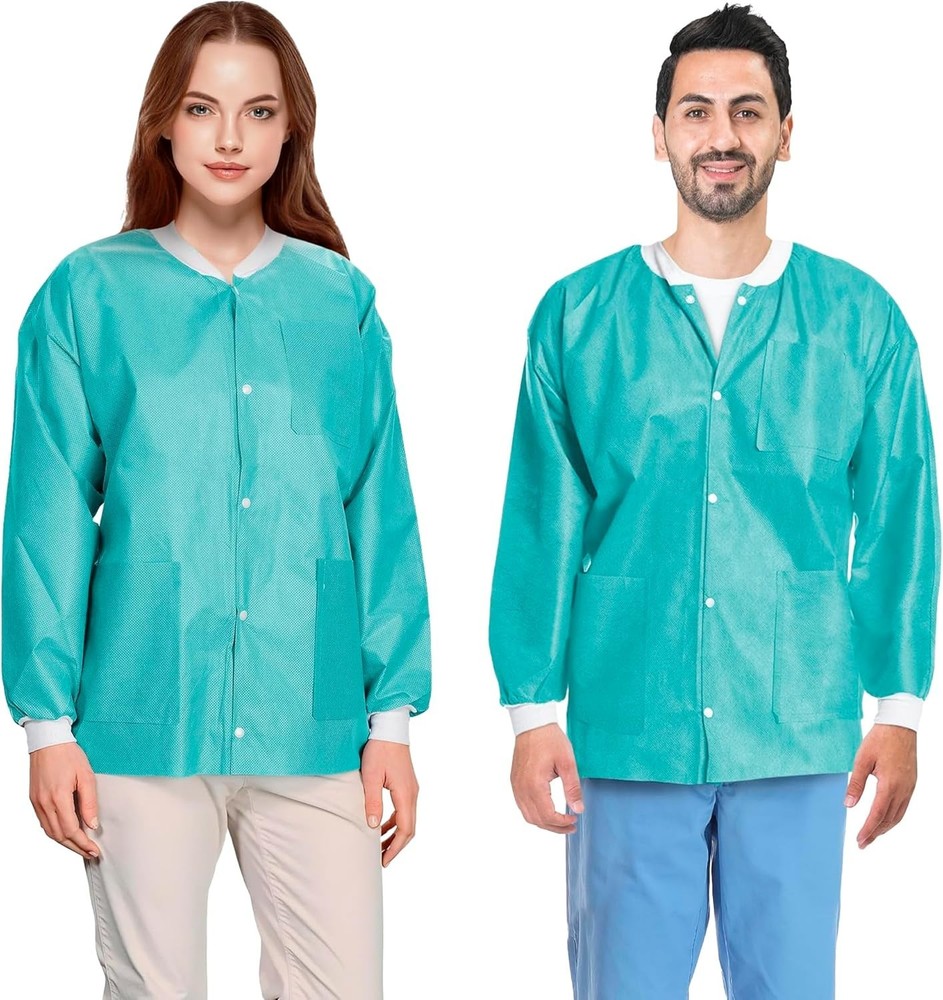 Disposable Lab Jackets 45 GSM SMS. Hip-Length Snap Front Jacket with Knit Cuf...