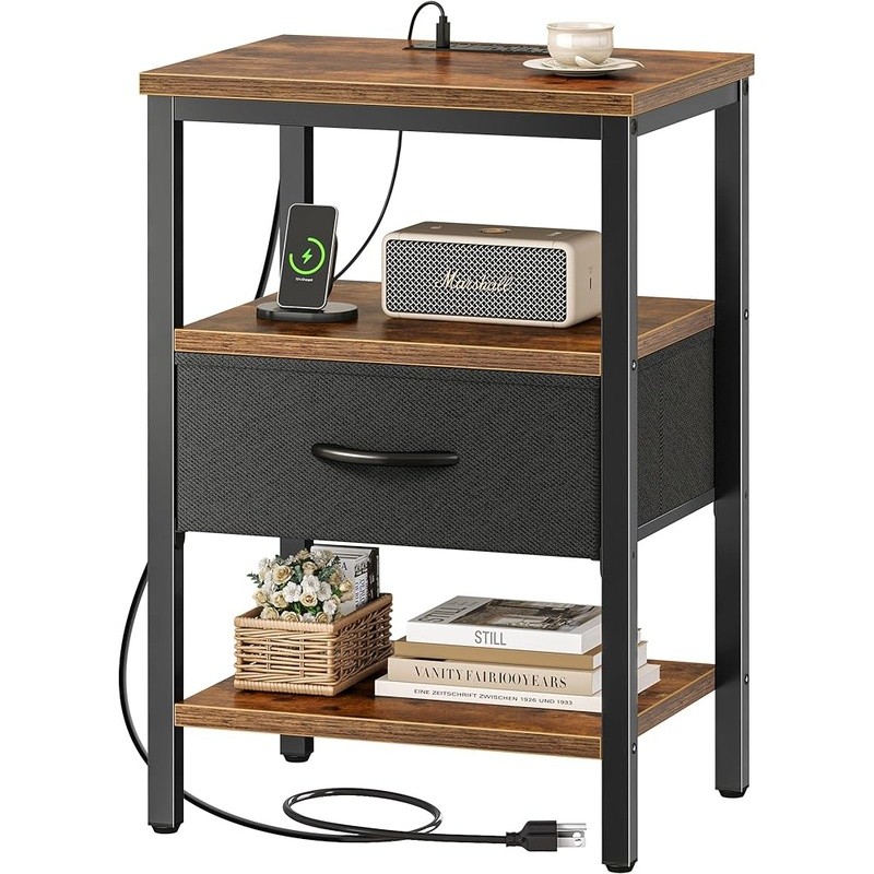 Nightstand W/ Charging Station USB Fabric Drawer Storage Shelf End Table