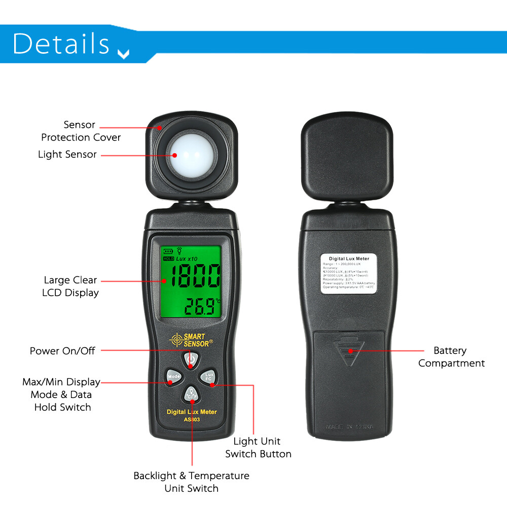 SMART SENSOR Mini Digital Lux Meter LCD Display Handheld 0-200000 Light Meter