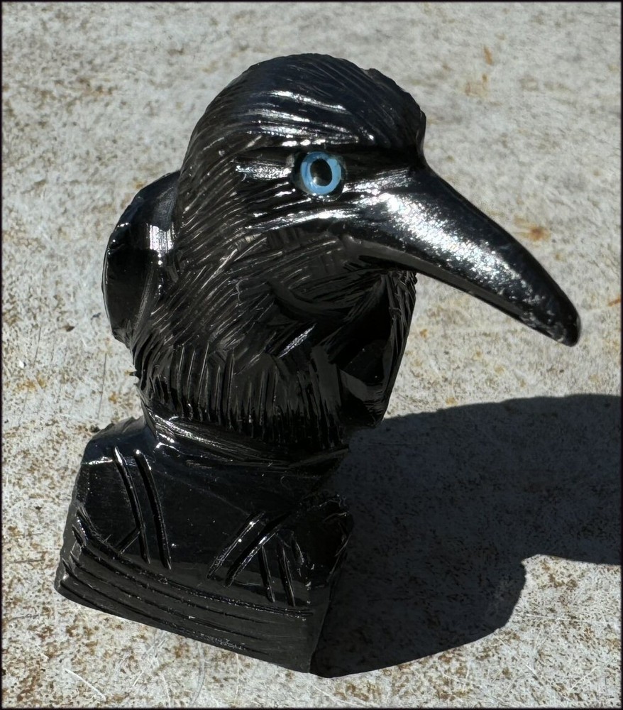 Medium Black Onyx RAVEN Carving w/ Blue Eyes