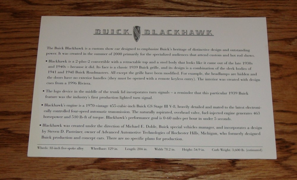 Original 2000 Buick Blackhawk Sales Brochure Sheet Card 00