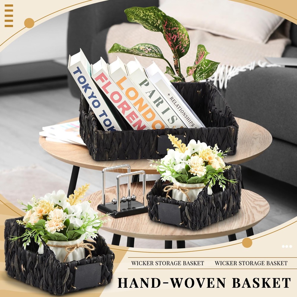 4 PCS Natural Wicker Storage Baskets Stackable Handwoven Bins Black Shelf