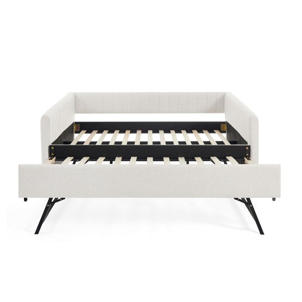 Full Daybed Modern Linen Upholstered Bed Frame Sofa Bed w/ Pull-Out Trundle