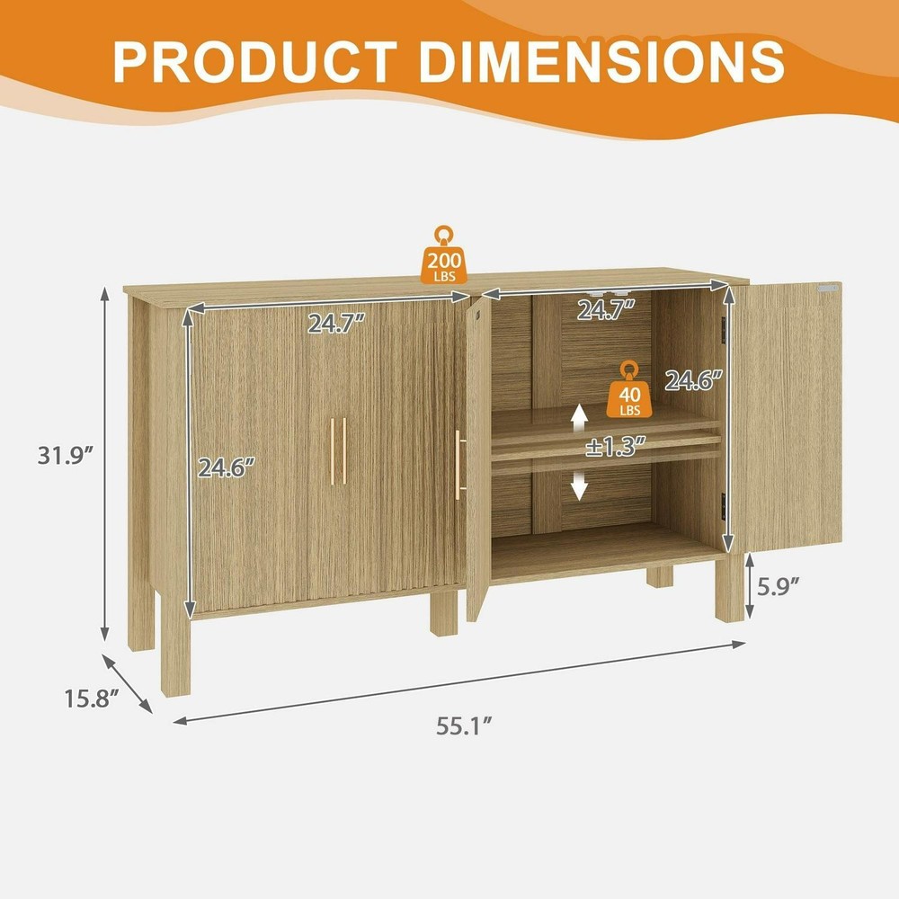 EROMMY Modern Fluted Sideboard Buffet Cabinet, Solid Wood Console Table With For
