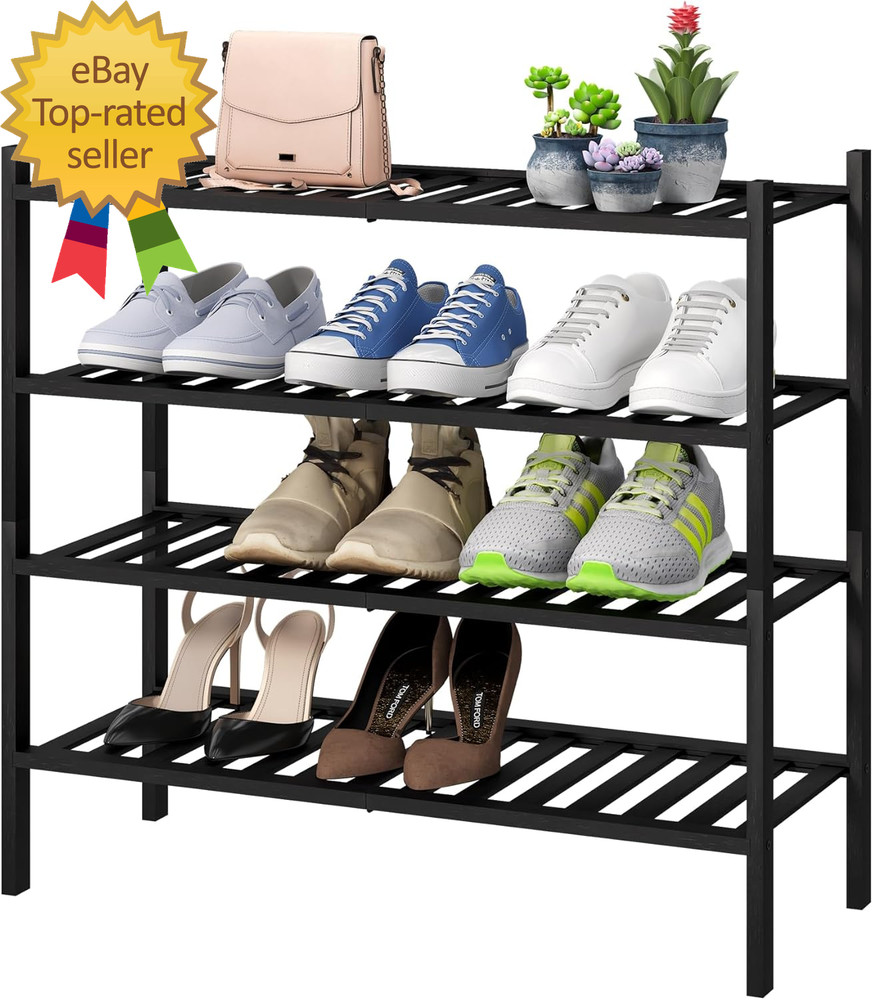 4-Tier Black Bamboo Shoe Rack for Entryway, Stackable | Foldable | Natural, Shoe