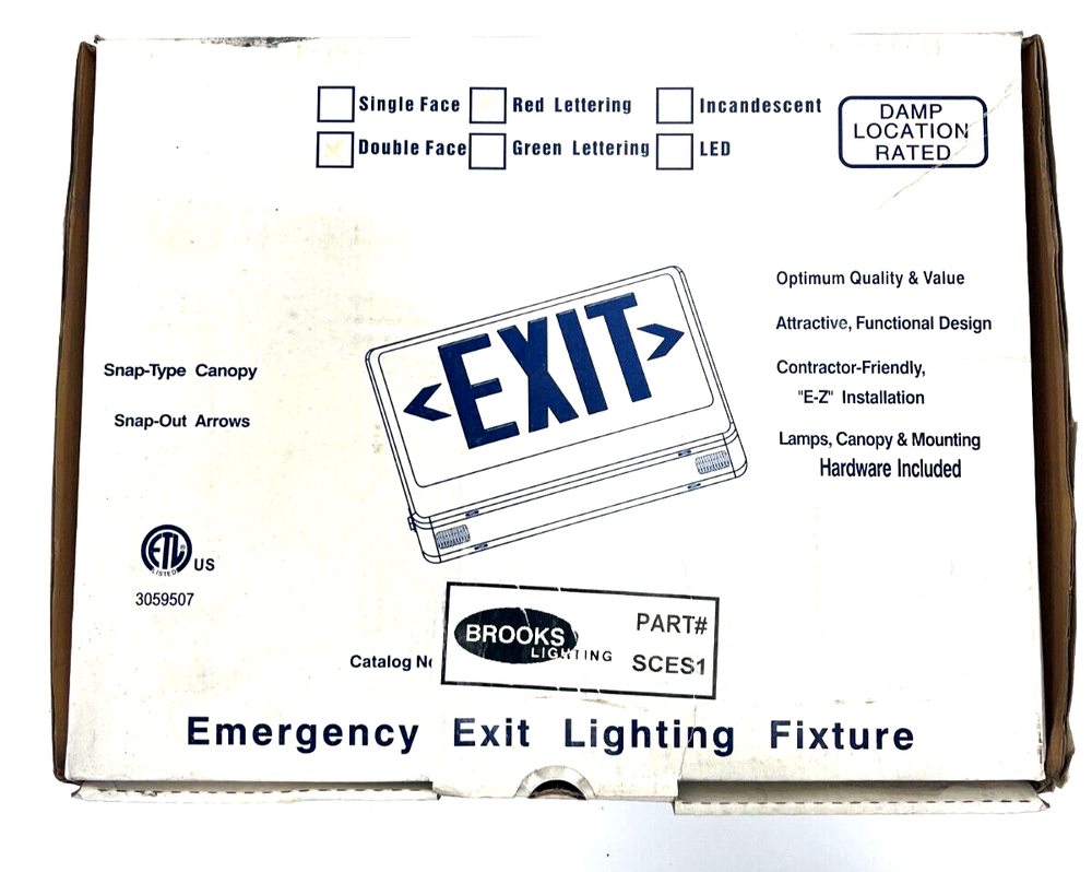 BROOKS LIGHTING SCES1 DOUBLE FACED RED/GREEN LETTERING EXIT SIGN