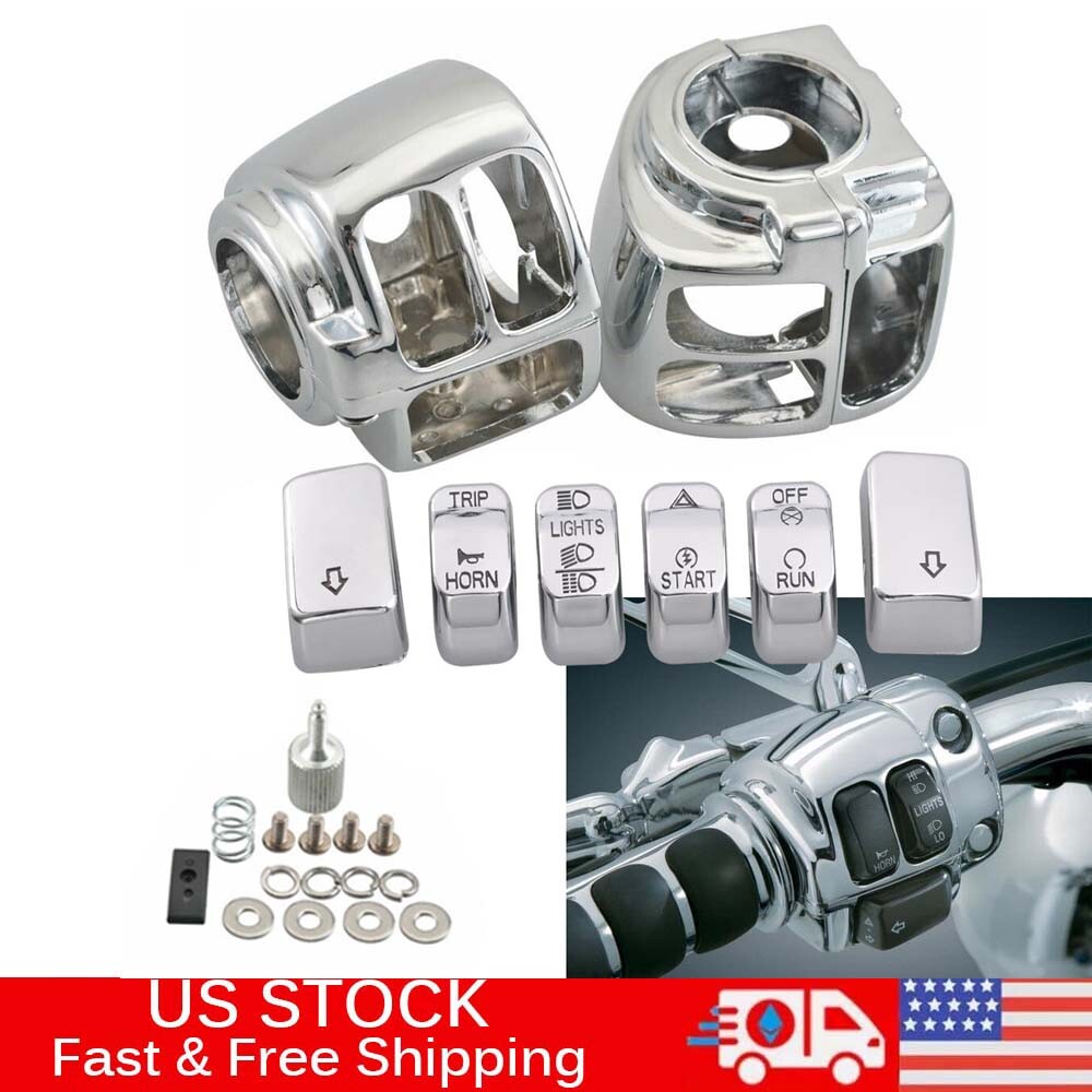 Chrome Hand Control Switch Housing Cover 6pcs Button Cap For Harley Dyna Softail