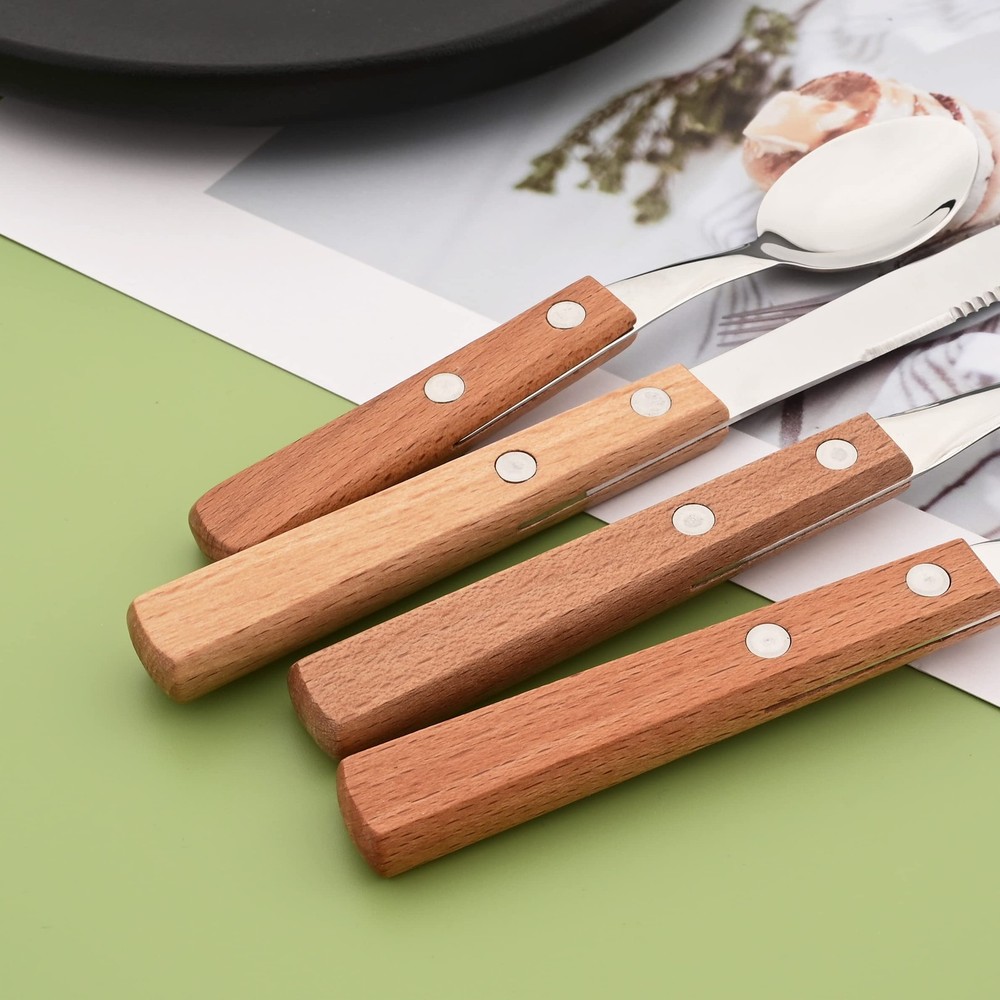 Silver Flatware Set with Natural Wood Handle, 24 PCS Silverware Set for 6, Pr...
