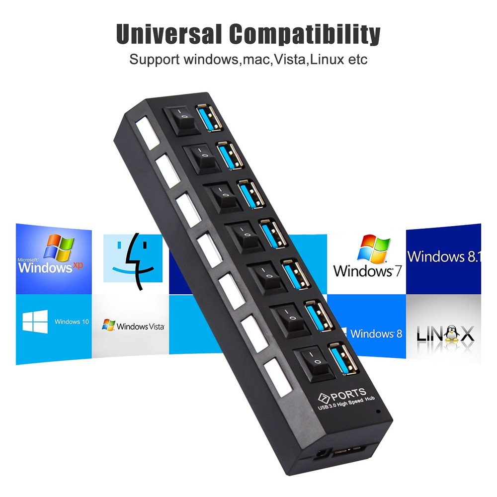 7 Port USB 3.0 Powered Hub Switch Splitter for PC Laptop Desktop Computer