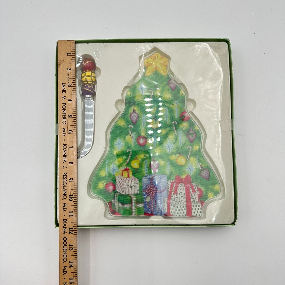 2003 Holiday Glass Server Tree w/ Cheese Knife