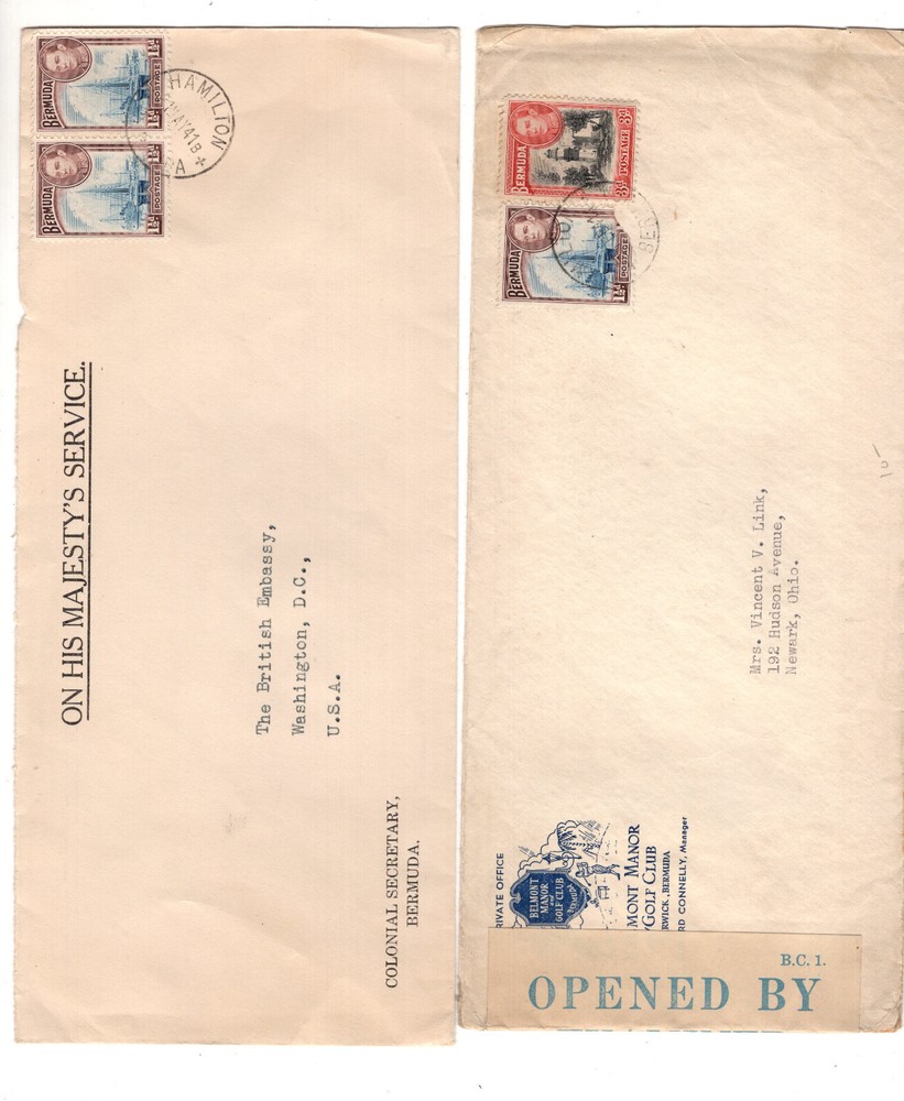 Bermuda   2  long  covers, one official,  one censor with  blue  tape