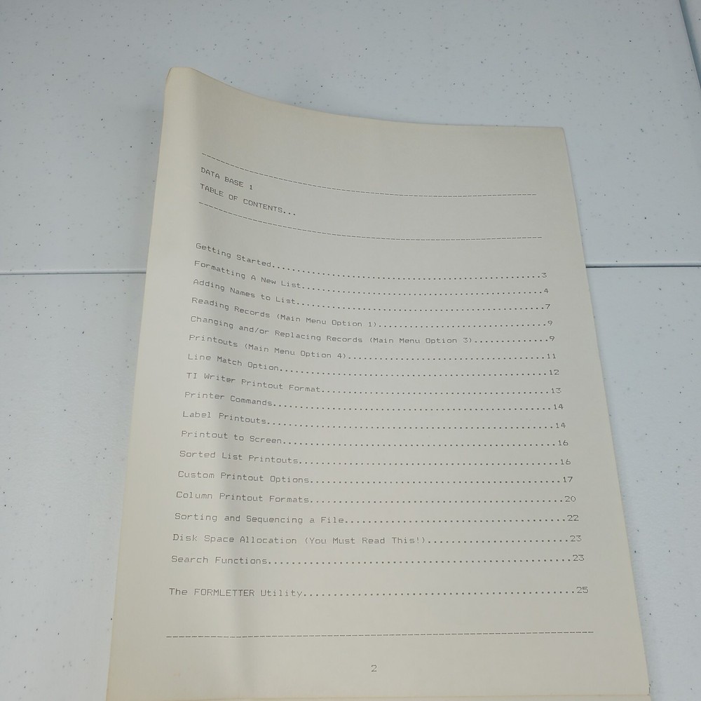 TI-99/4A Data Base 1 Computer Game Manuel Instructions Only Guide SPC Software