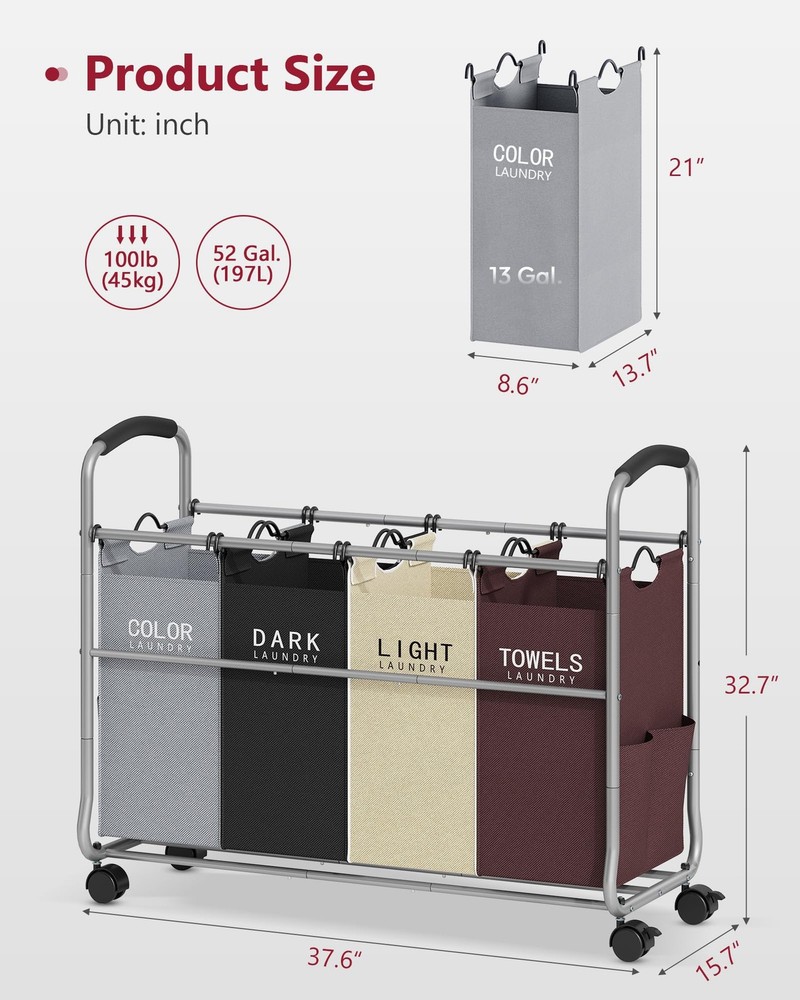 Laundry Sorter 4 Sections, Laundry Separator Hamper with Heavy Duty Lockable ...
