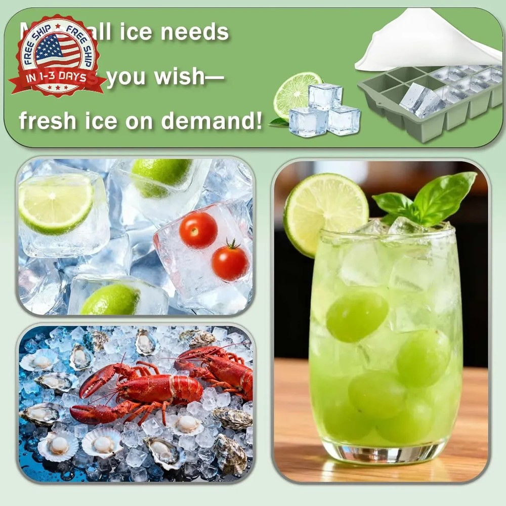 Ice Cube Trays for Freezer, 2 Pack Easy Release Slicone Ice Cube Tray with Lid,
