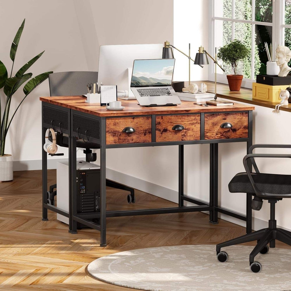 40 Inch Rustic Brown Computer Desk With 3 Fabric Drawers