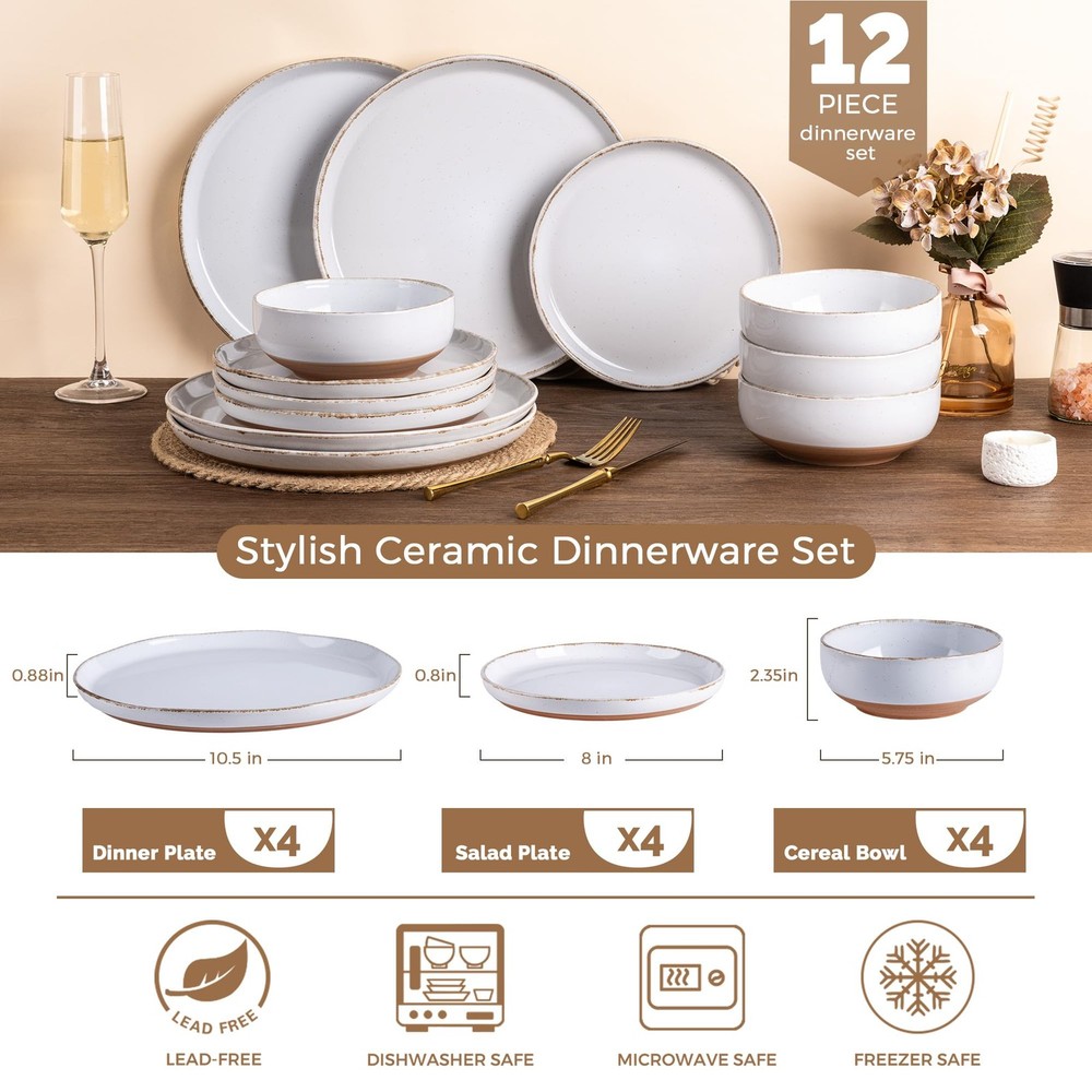 AmorArc Ceramic Dinnerware Sets for 4, 12 Pieces For 4(12Pcs), White