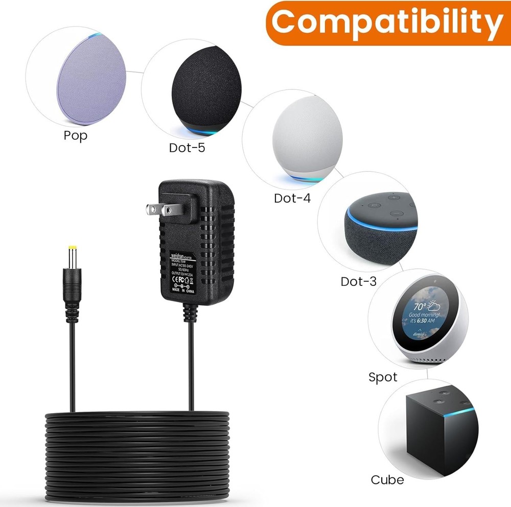 15W Power Adapter Replacement for Echo Pop, Dot 5th Gen, Dot 4th Gen, Dot 3rd...