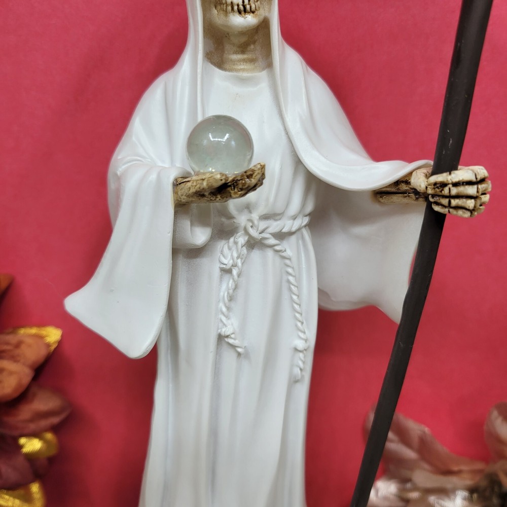 9" Santa Muerte White Statue With Candle & Rosary Altar Bundle Pack