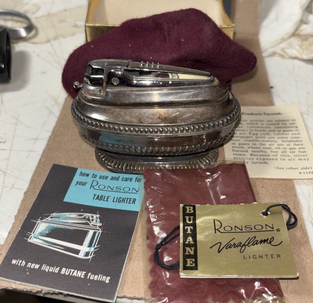 Vintage Ronson Queen Anne Silver Plated Table Lighter W/ Box & Papers
