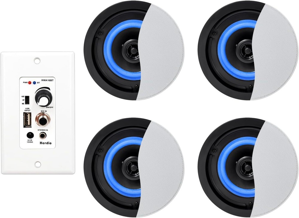 Herdio 4PCS Ceiling Speakers +4 Channel Bluetooth Amplifier Receiver Theater