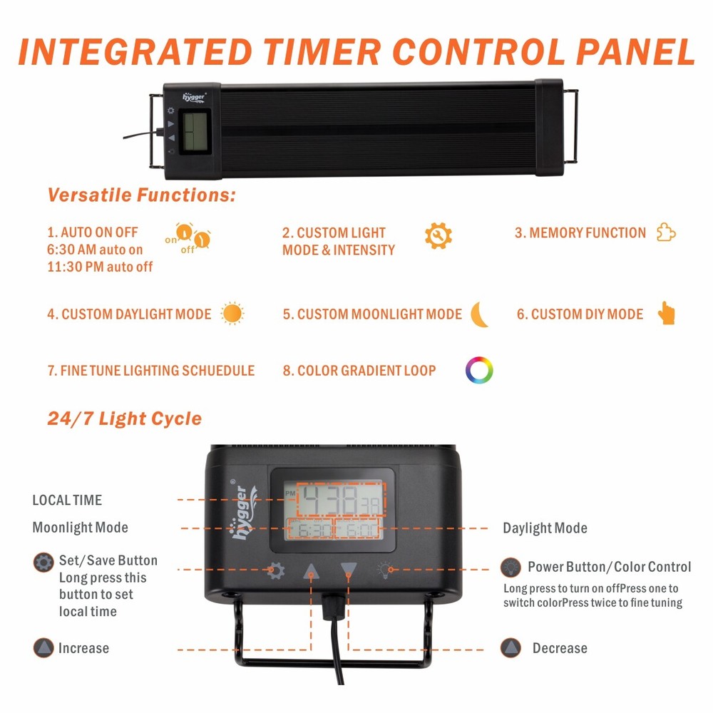 hygger Aquarium Light 18 24 30 36 48" with Bracket Adjustable Timer/Brightness
