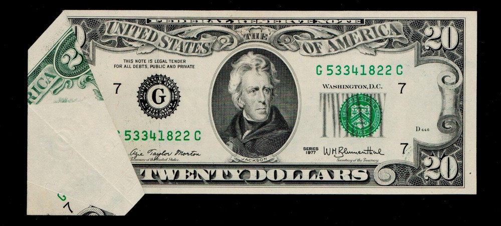 1977 $ 20 Federal Reserve Note Chicago Printed Fold Error GEM UNC
