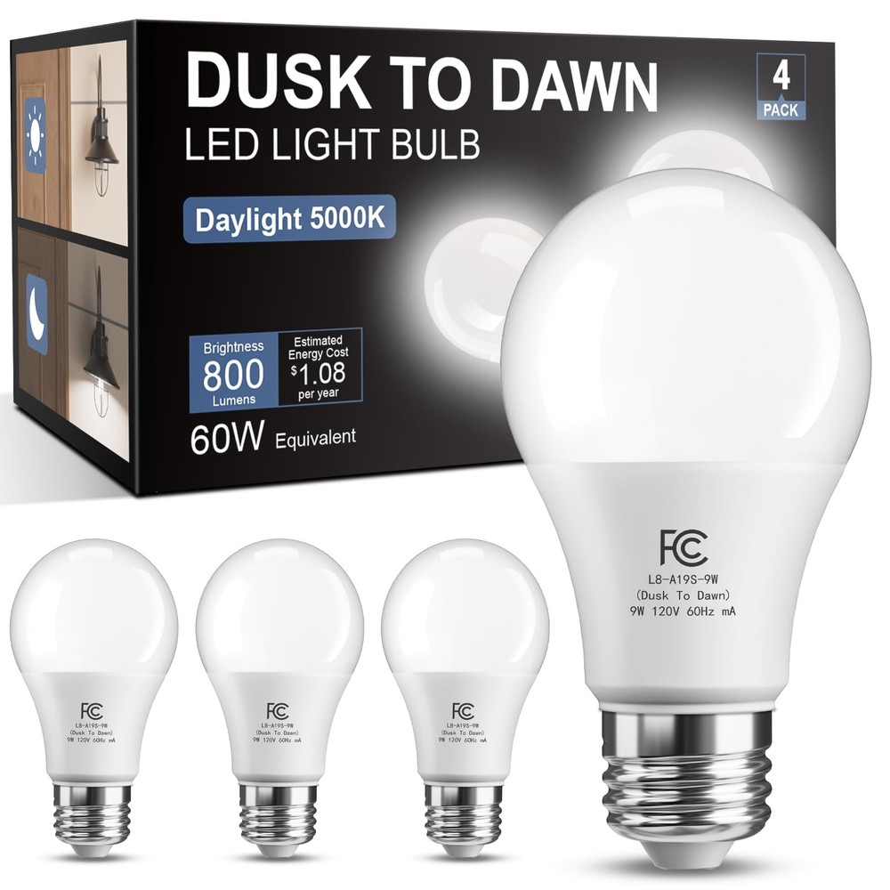 Dusk to Dawn Light Bulbs Outdoor, Light Sensor A19 LED Light Bulb, Automatic ...