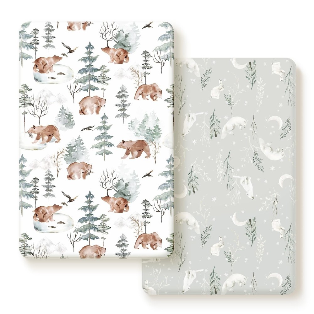 2 Pack Ultra Soft Stretchy Bear Wolf Jersey Knit Fitted Pack Play Sheets Set