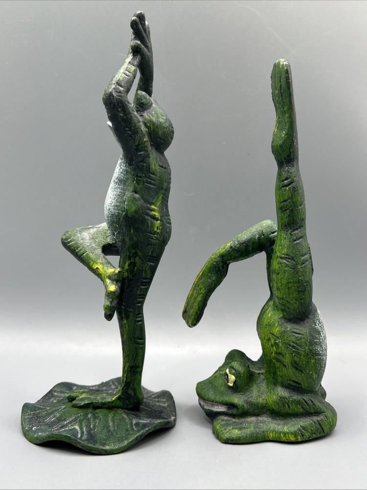 FUN Painted Cast Iron Frogs Doing Yoga 7-8” Tall