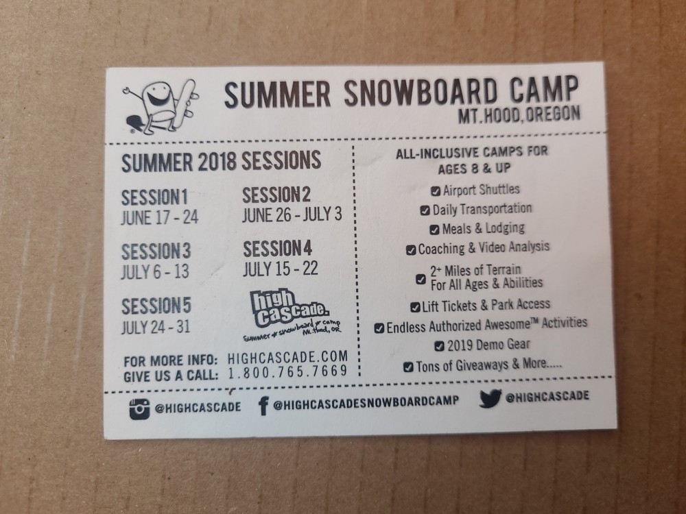 2018 HIGH CASCADE SNOWBOARD CAMP STICKER SHEET -authentic