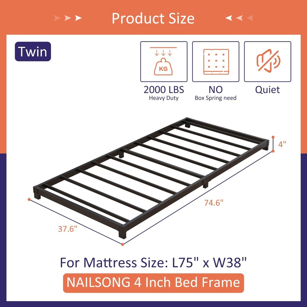 4 Inch Twin Bed Frames Low Profile, Twin Platform Bed Frame No Box Spring Nee...