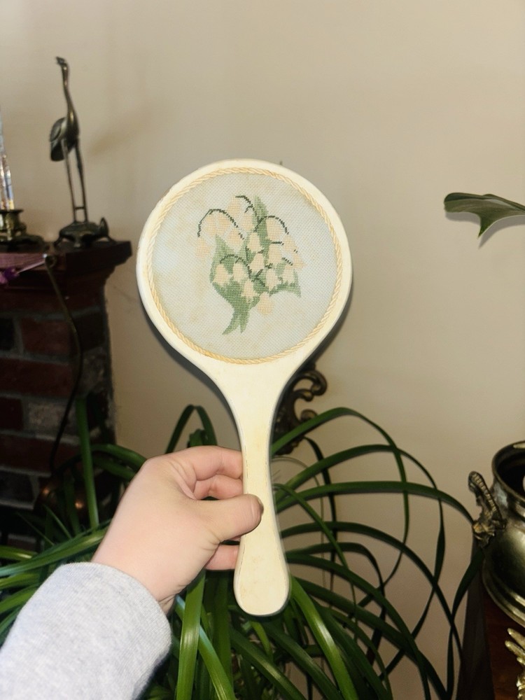Antique Needlepoint Handheld Vanity Mirror