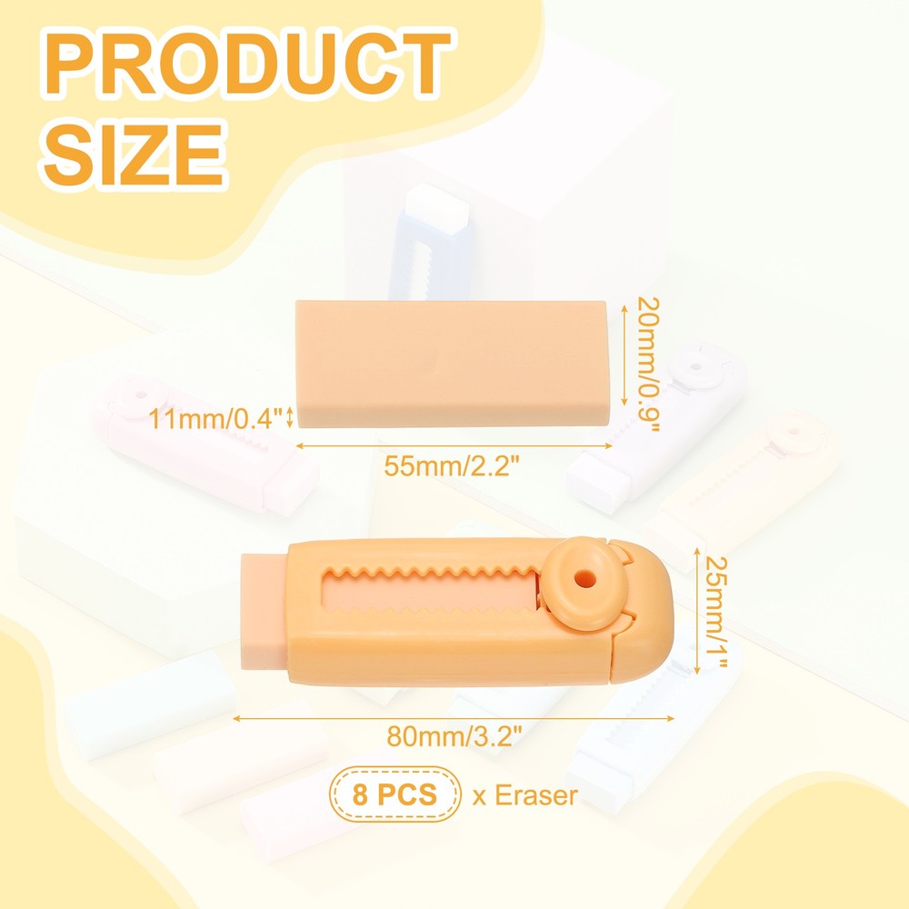 8 Pack Erasers, Pencil Erasers Large Eraser Push Pull Cute Soft, Orange