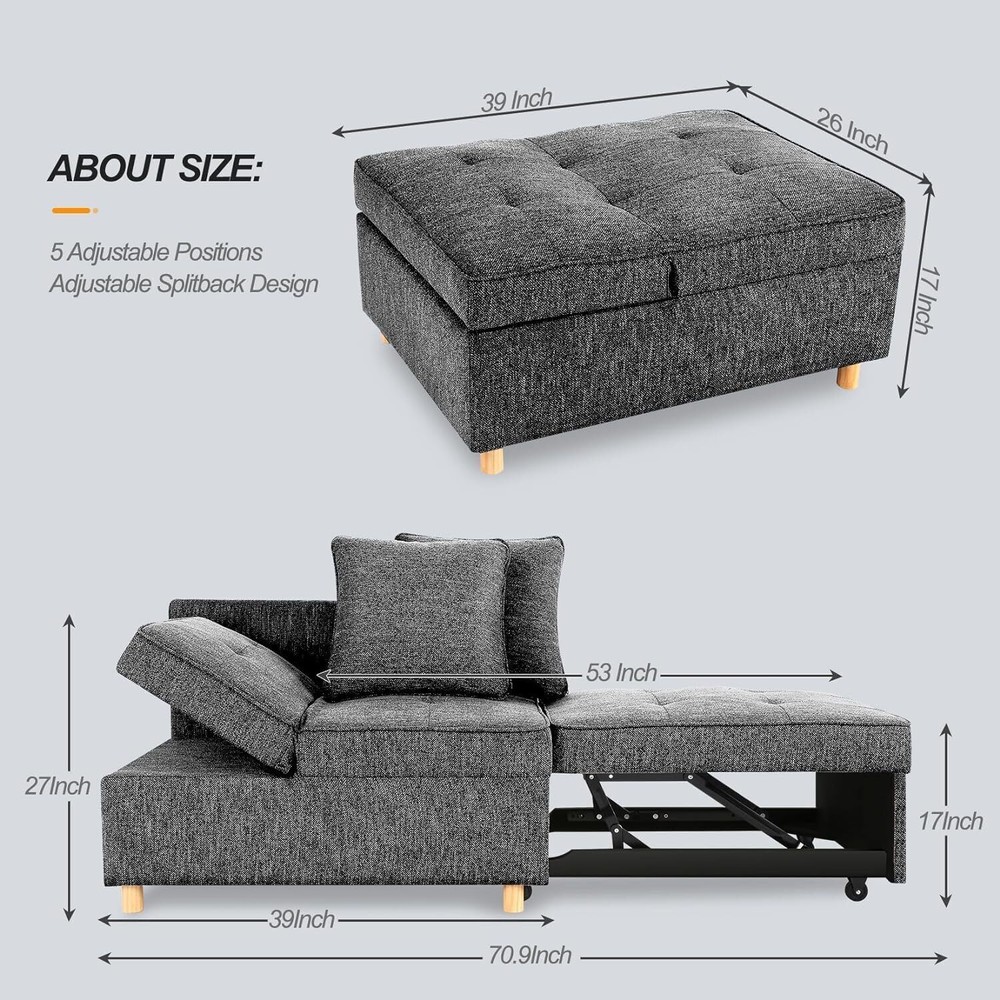 Folding Ottoman Sofa Bed Chair 4-in-1 Sleeper Sofa w/Adjustable Backrest&Pillows