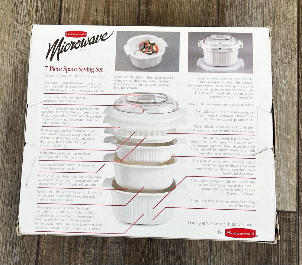 Rubbermaid Microwave Cookware 7 Piece Set White Space Saving Stackable Vintage