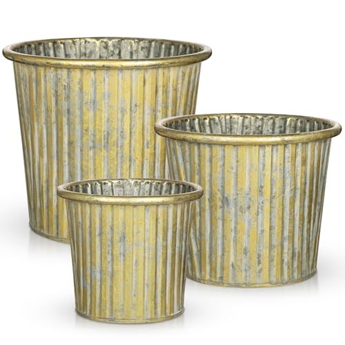 Metal Rustic Flower Pots - 3 PCS Galvanized Planters Rustproof Durable Gold