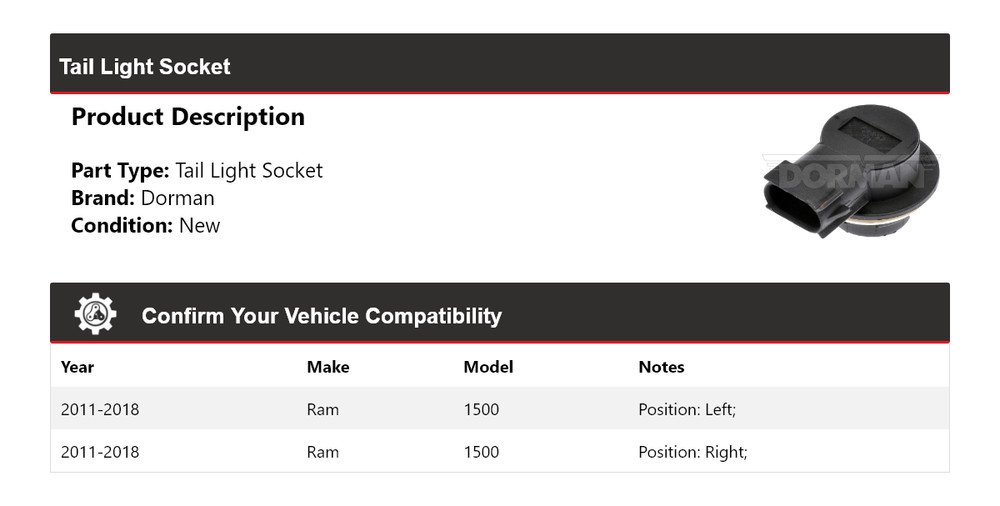 For 2011-2018 Ram 1500 Dorman Tail Light Socket 2012 2013 2014 2015 2016 2017