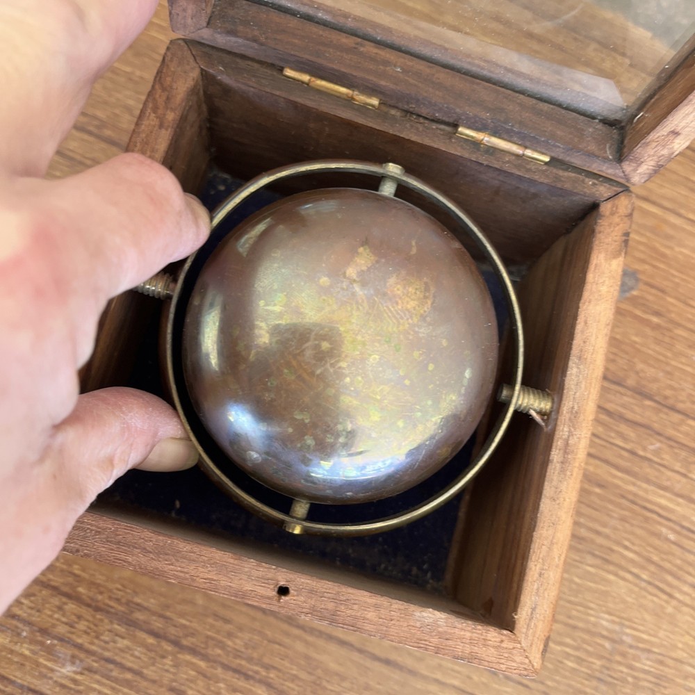 Vintage maritime compass in walnut box brass or copper hardware