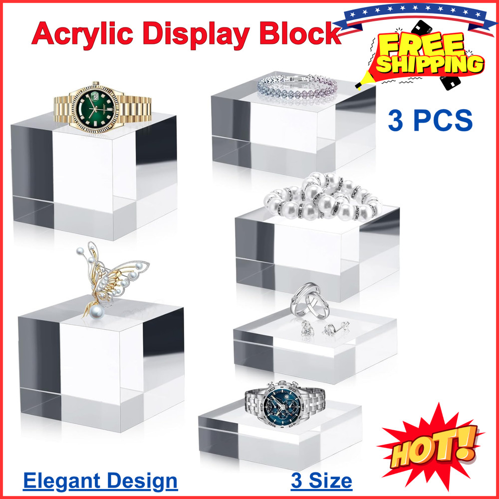 3 Pieces Acrylic Square Display Block Clear Polished Acrylic Cube Solid Display