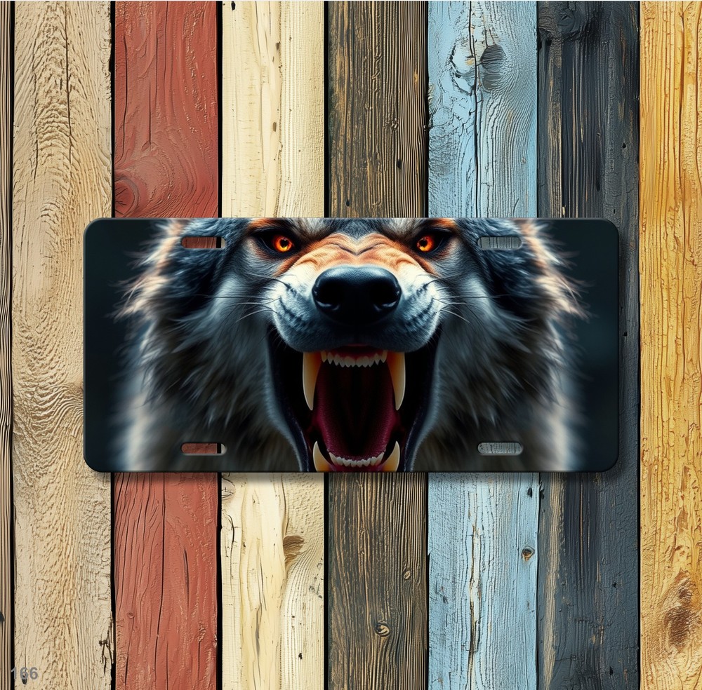 Hyperrealistic Wolf License Plate Snarling Design Optional Text Decorative Plate