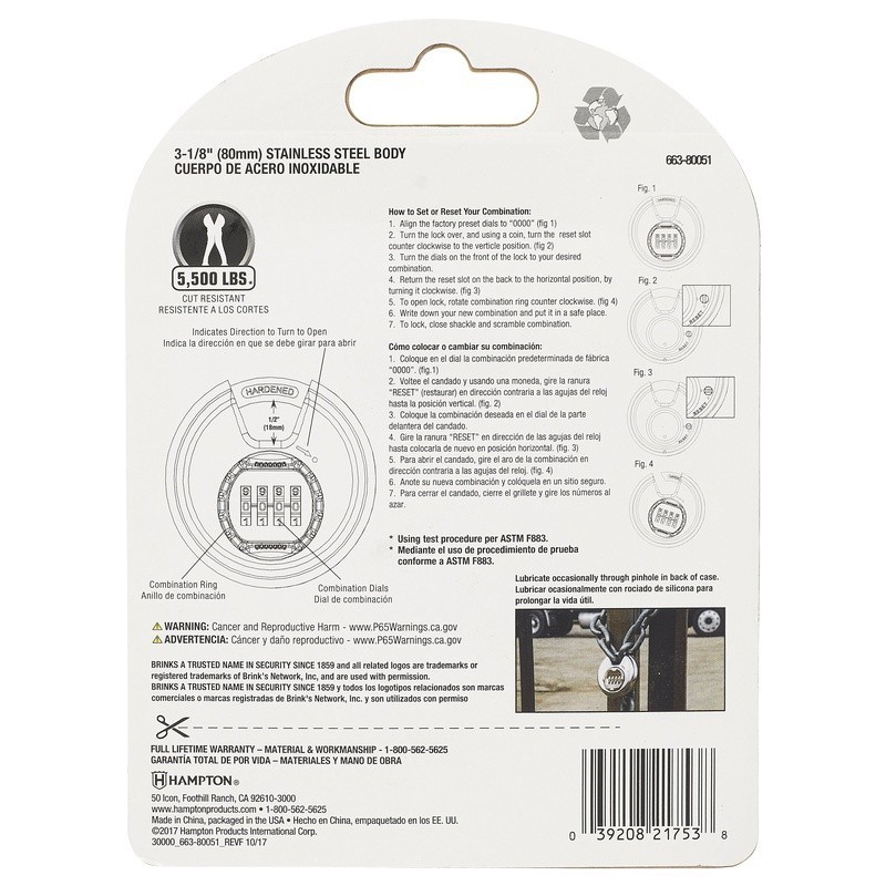 Resettable Discus Padlock 80mm 5500 lbs Cut Resistant Security Lock 4 Dial Combo