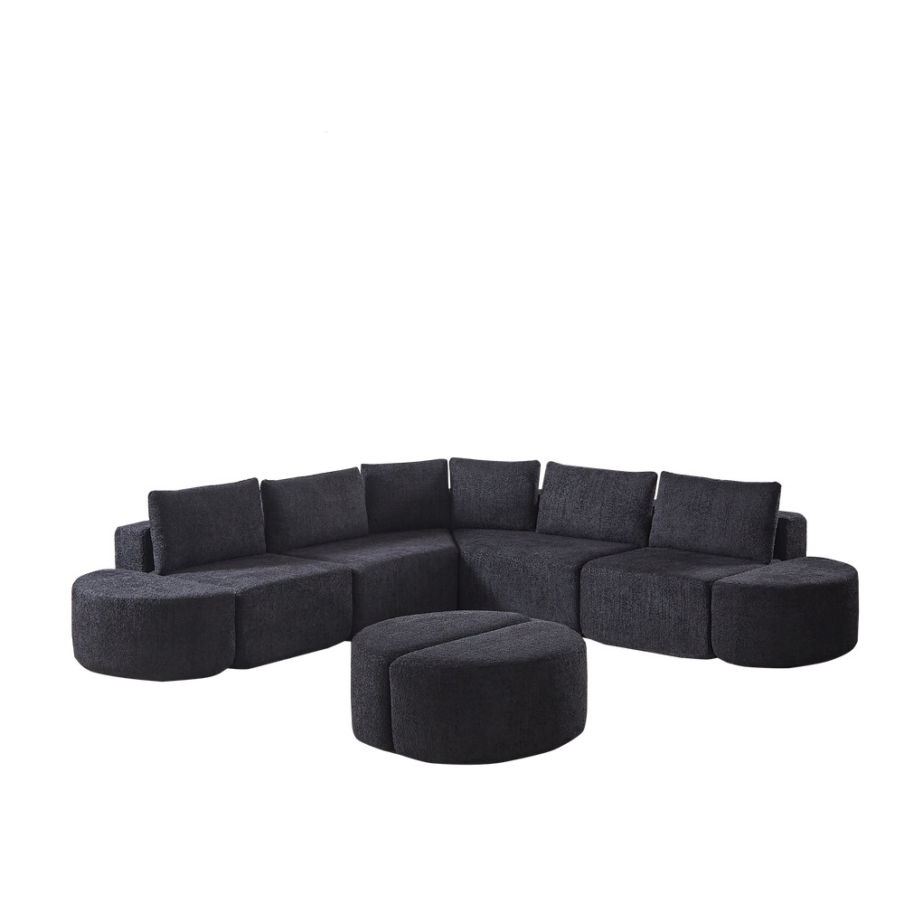 Modular sofa set in chenille fabric, featuring six decorative pillows and four