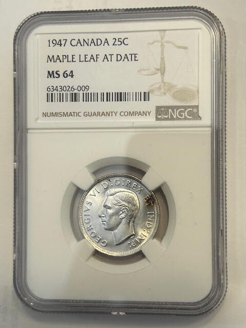 1947 Maple Leaf Canada Silver Quarter 25C Graded MS-64 NGC