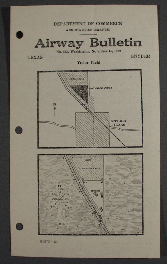 1929 AIRWAY BULLETIN NO. 822, YODER FIELD, SNYDER, TEXAS