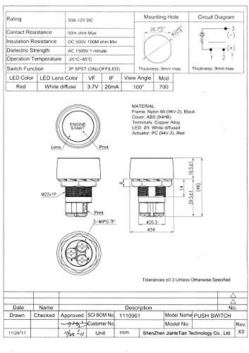 Start Switch 12v DC 50A Car Start Engine Button Stater， Push Button Light Blue