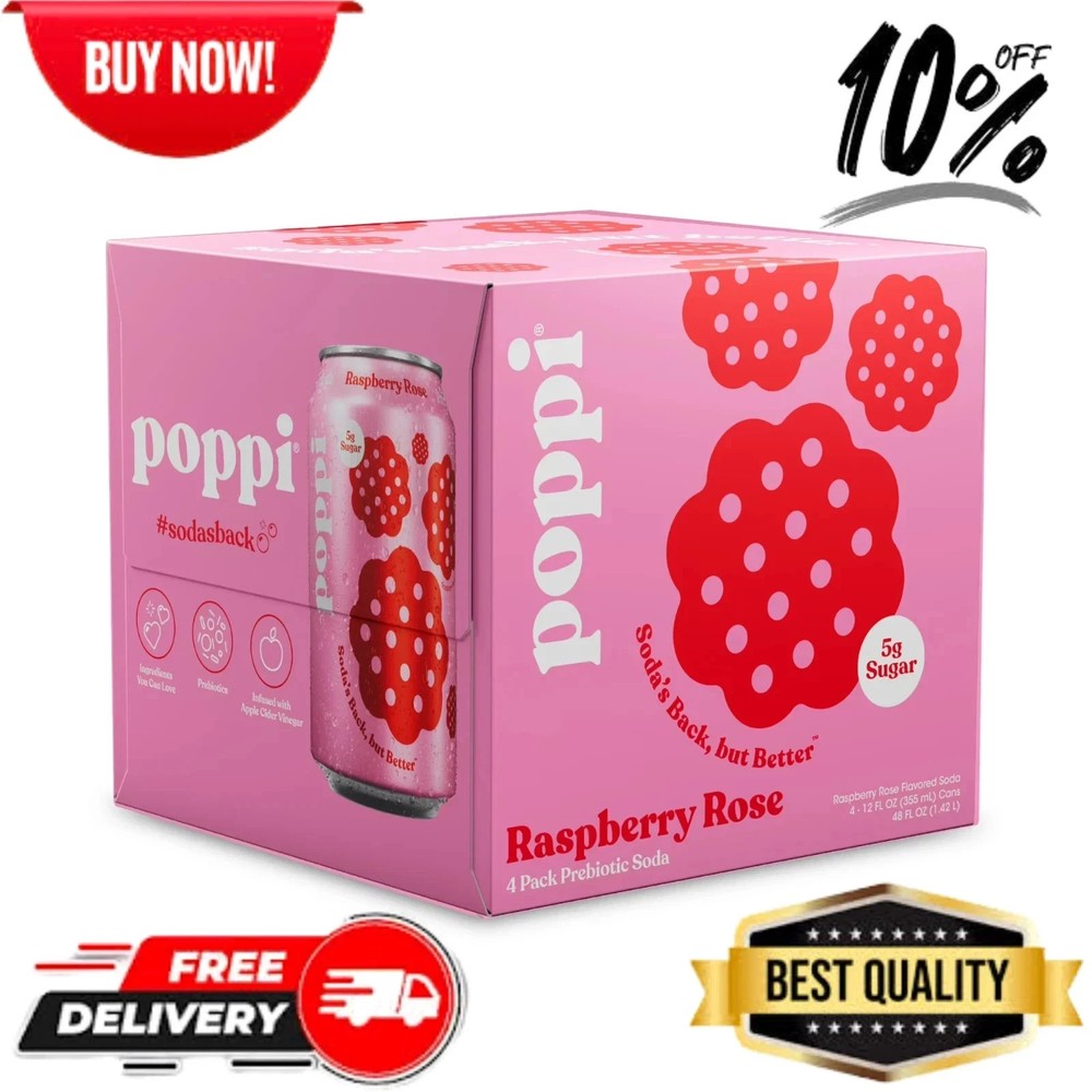 poppi Raspberry Rose Prebiotic Soda, 12 fl oz, 4 Pack Cans