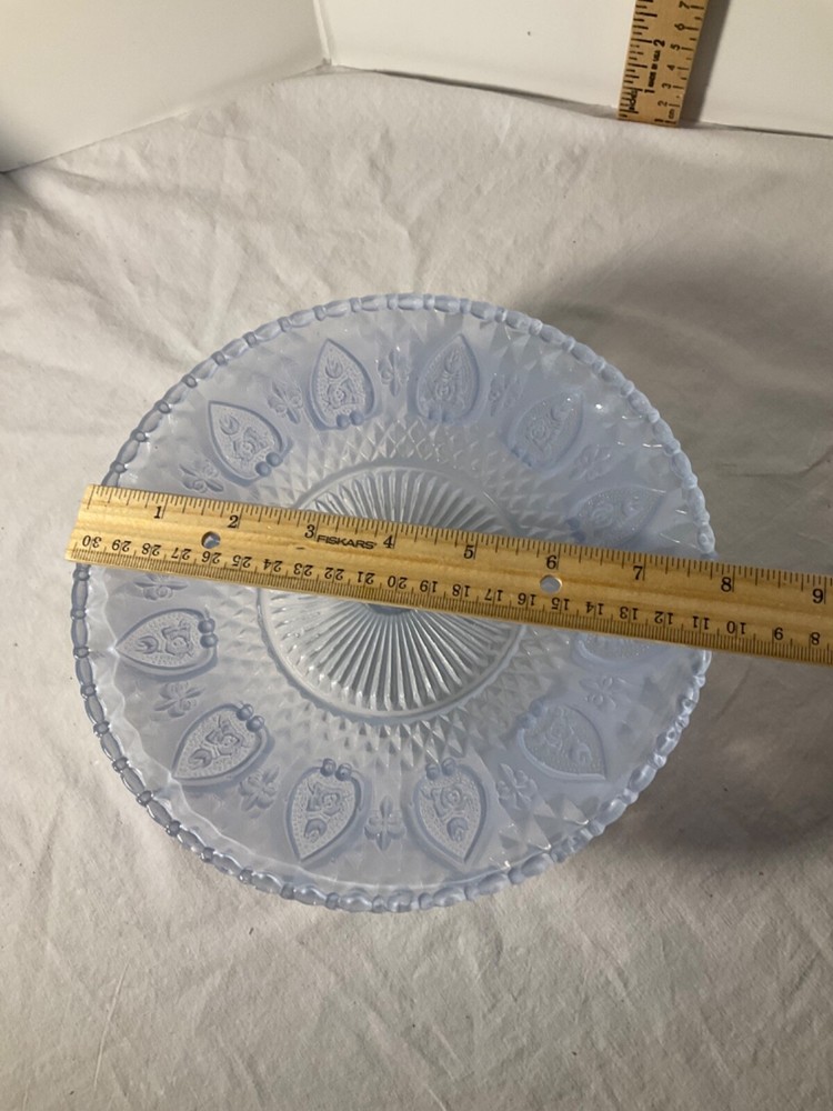 Frosted glass light blue footed cake plate decorative design 8”